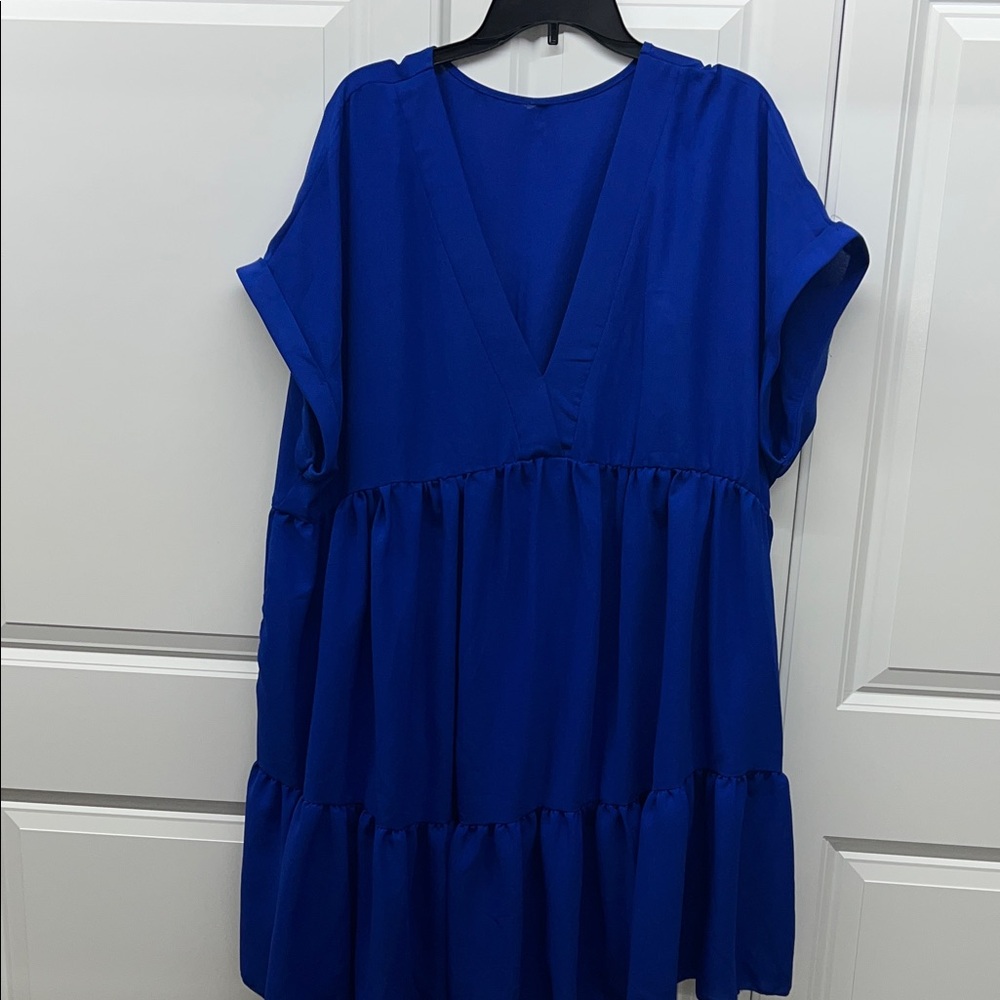 Shein Curve Cobalt Blue Plisse Textured Tiered V-Neck Mini Dress Plus Size 5XL